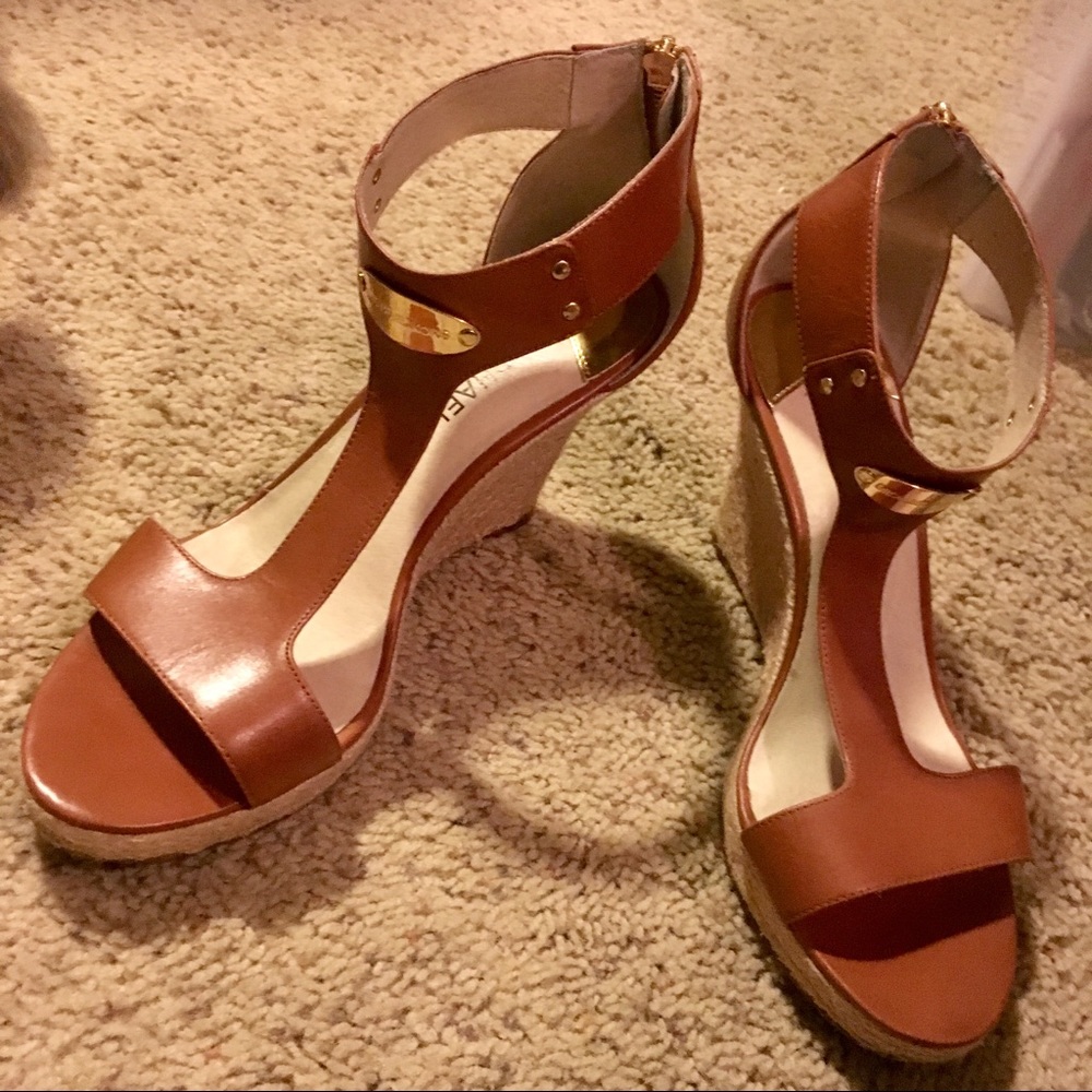 Michael Kors tan leather wedges.